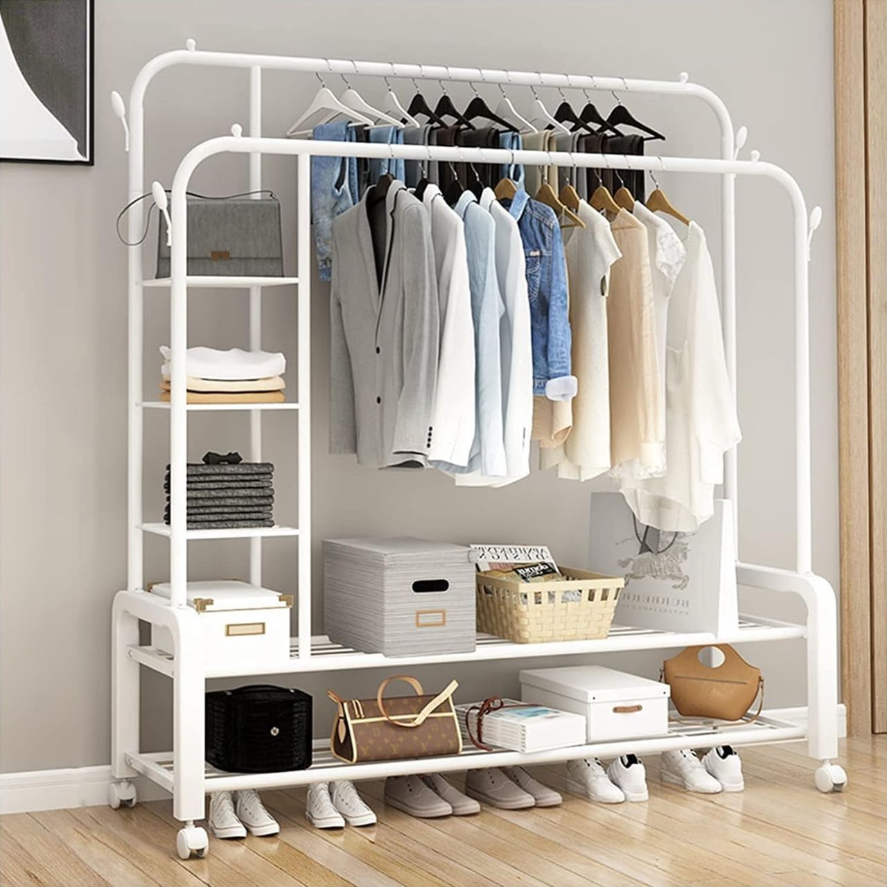 Support porte-manteau à roulettes à 2 Niveaux avec étagère