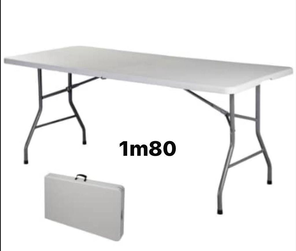 Table de Camping Pliante Blanc, 180 x 74 x 74 cm, en Plastique HDPE, Portable avec Poignée de Transport, Table de Buffet, de Fête pour Jardin Terrasse et Balcon.