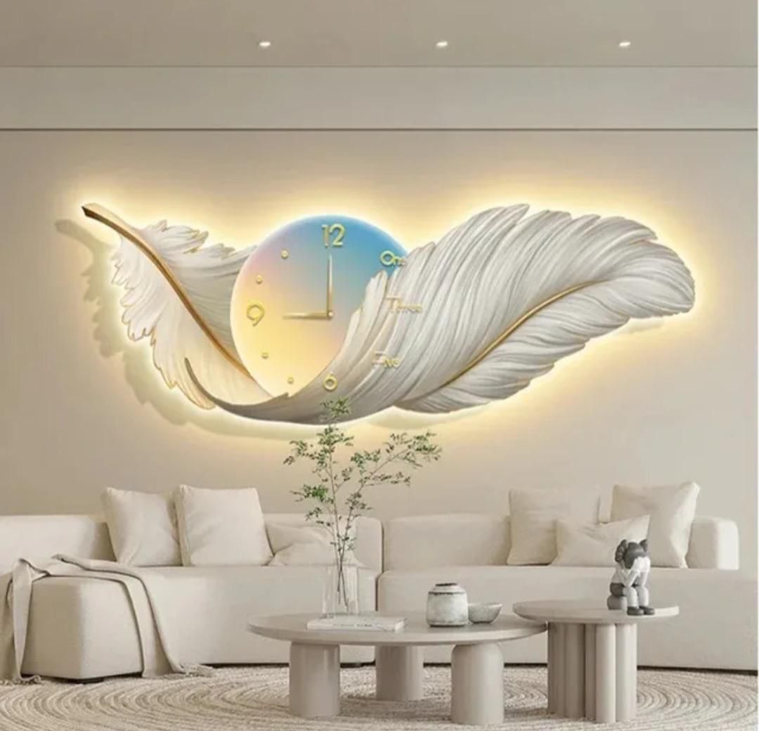 Décoration murale lumineuse 3D en forme de plume avec horloge intégrée